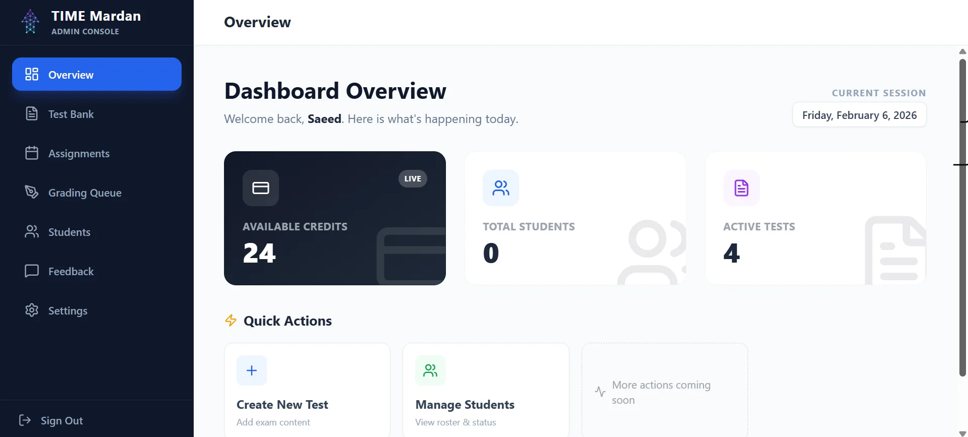 Neural Band admin dashboard showing student, test, and activity summaries