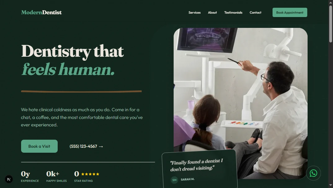 Green Dentist website homepage with an online appointment booking call to action